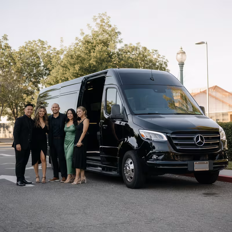 Group beside a Mercedes Sprinter limo from the Stockton fleet