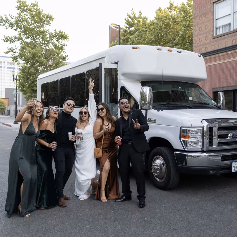 Black Mercedes Sprinter van staged for an Stockton Bachelor & Bachelorette Transportation group