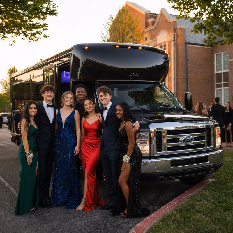 Group boarding a white charter bus for Prom & Homecoming Transportation transportation in Stockton