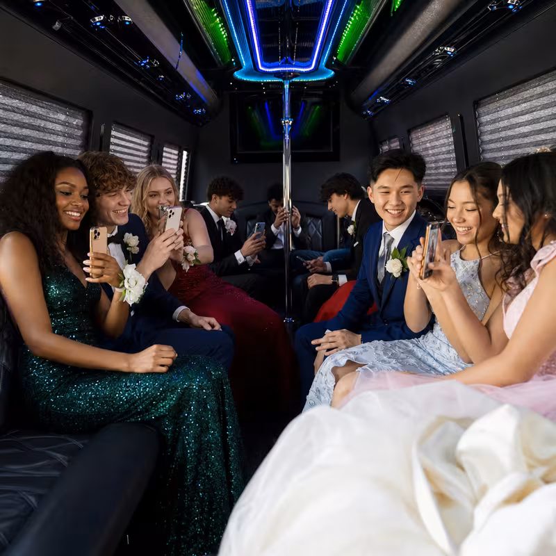 Black Mercedes Sprinter van staged for an Stockton Prom & Homecoming Transportation group