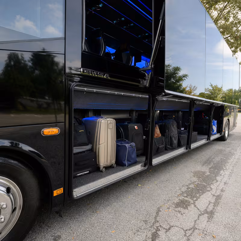 Party bus interior with wraparound leather seating and LED lighting in Stockton