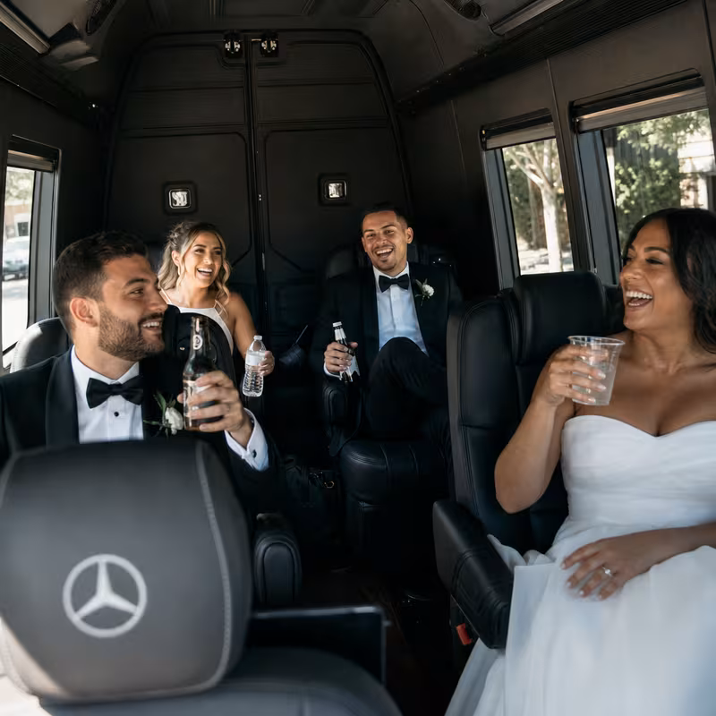 Black Mercedes Sprinter van staged for an Stockton Wedding Transportation group