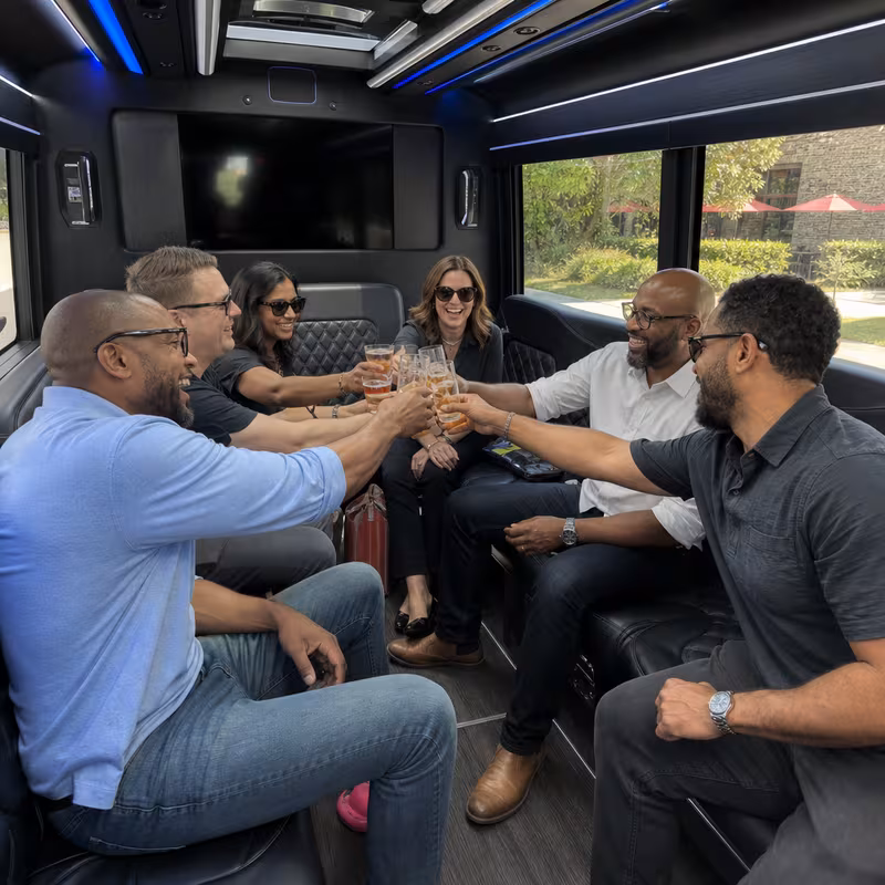 Black Mercedes Sprinter van staged for an Stockton Winery & Brewery Tour Transportation group